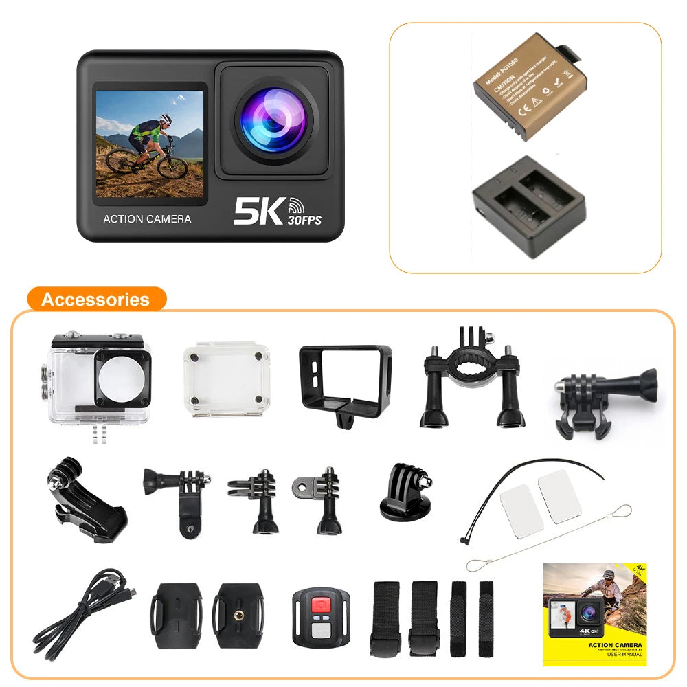 5K Action Camera 4K60FPS 2.0 Inch Touch Screen Wi-Fi 170° Wide Angle 30M Waterproof Helmet Video Recording Sports Cameras - covers4phones