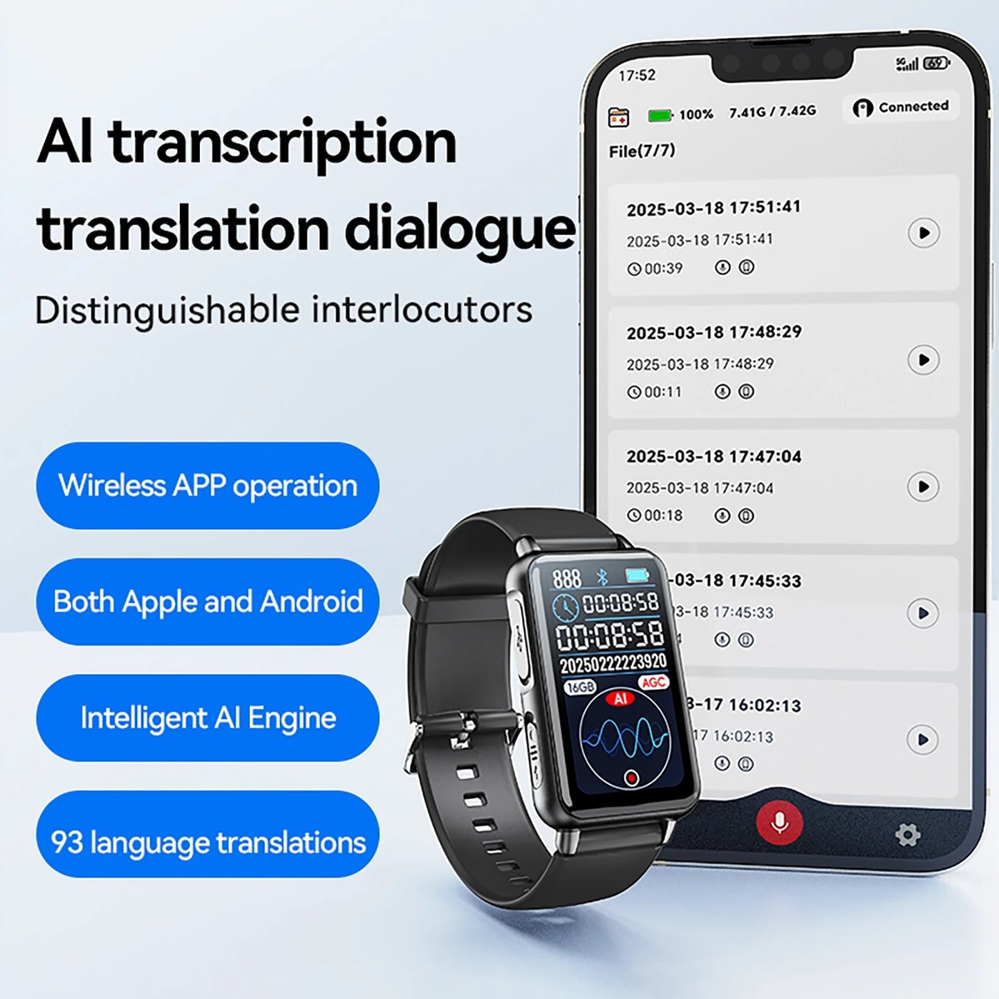 S18A Smart Recording Watch AI Intelligent Voice Recorder Real-time Transcription Translation Conversation Recording Bracelet