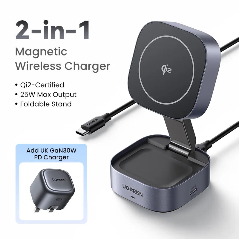 UGREEN Qi2 25W Magnetic Wireless Charger Stand 2-in-1 Charging Stand For iPhone 15 16 Pro Max/AirPods For MagSafe Fast Charger - covers4phones