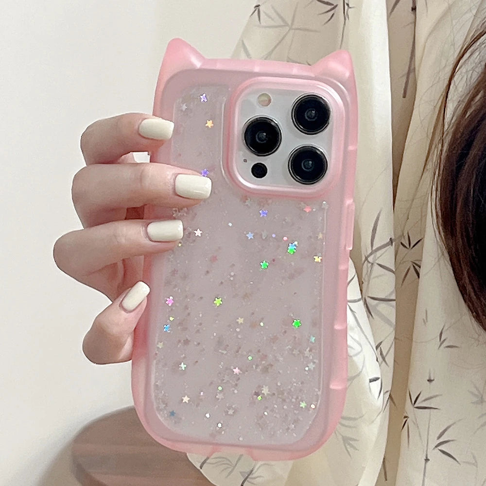 Cute Cartoon Cat Ear Glitter Sequins Transparent Case For iPhone 16 15 Plus 14 Pro Max 13 12 11 Soft Silicone Shockproof Cover