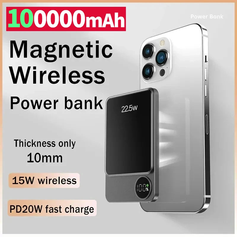 Wireless Power Bank Magnetic 100000mAh Portable Powerbank Type C Fast Charger For iPhone Xiaomi Samsung All Magsafe Series Phone - covers4phones