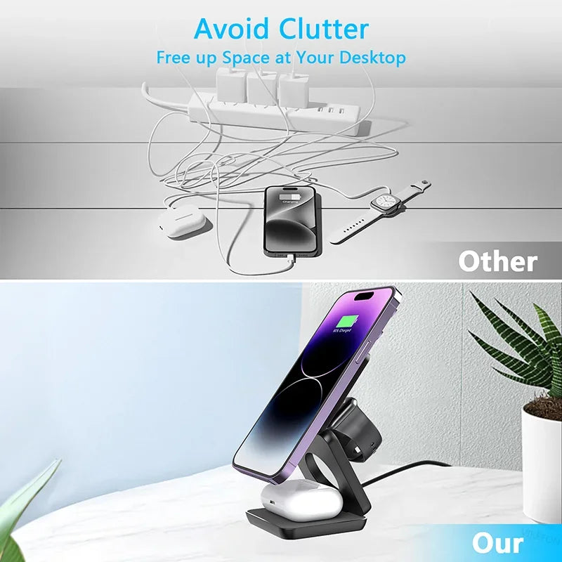 3 in 1 Foldable Magnetic Wireless Charger Stand For Magsafe iPhone 1615 14 13 12 Apple Watch 8 7 6 Airpods Fast Charging Station - covers4phones