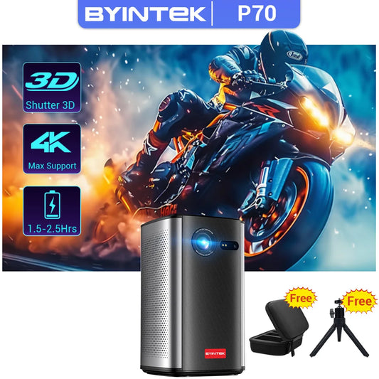 BYINTEK P70 Projector 4K 1080P DLP Mini Portable Projector Home Theater Smart Wi-Fi & Bluetooth for Movies & Gaming With Battery - covers4phones