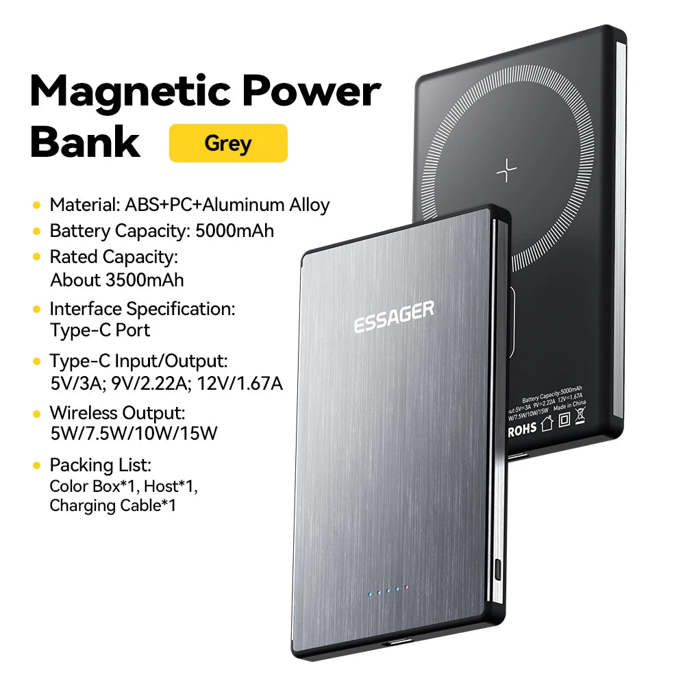 Essager Thin Wireless Power Bank Magnetic 20W 5000mAh Portable Fast Charging External Battery for Magsafe For iPhone 15 14 13 12 - covers4phones