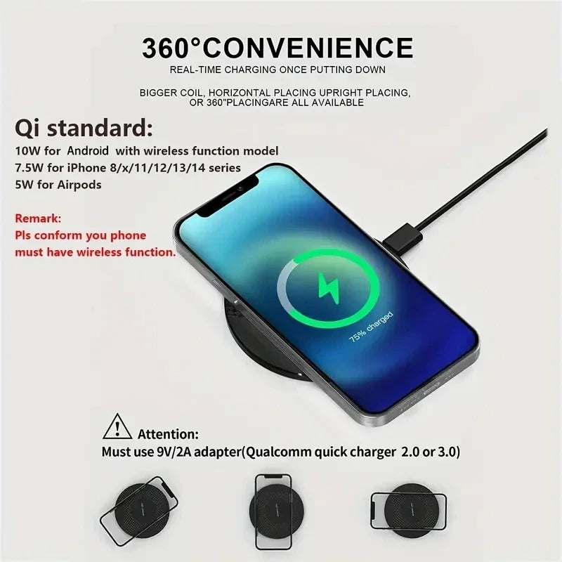10W Wireless Charger Pad Stand Desktop Ultra-thin Mobile Phone Fast Charging Dock Station For iPhone 14 13 12 11 Samsung Xiaomi - covers4phones