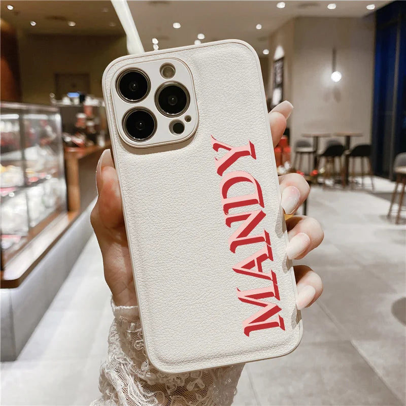 3D Colorful Personalised Name Case For iPhone 11 12 13 14 15 16 Pro Max XR XS MAX 7 8 Plus Luxury Korea Leather Customized Cover - covers4phones