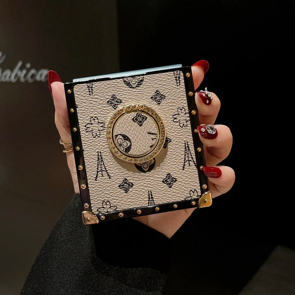 Retro PU Leather Flower Square Phone Cover For Samsung Galaxy Z Flip 6 5 4 Case Punk Shockproof For Galaxy Z Flip 3 Ring Holder