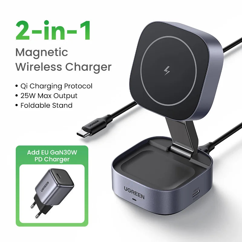 UGREEN Qi2 25W Magnetic Wireless Charger Stand 2-in-1 Charging Stand For iPhone 15 16 Pro Max/AirPods For MagSafe Fast Charger - covers4phones