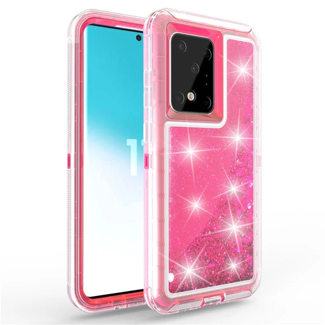 For Samsung Galaxy S23 Ultra S22 S21 S20 S10 Plus Note 20 10 Heavy Duty Transparent Glossy Shockproof Liquid Glitter Rugged Case - covers4phones