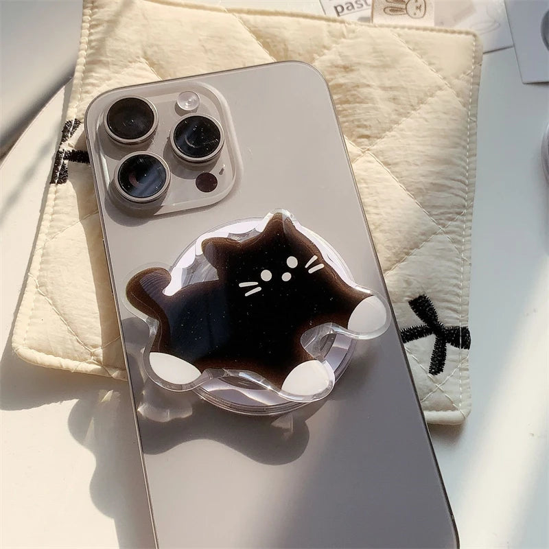 Korean Cute Cartoon Black Cat For Magsafe Magnetic Phone Griptok Phone Holder Stand Universal Phone Ring Grip Tok For iPhone 15