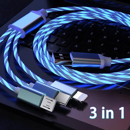 3 in 1 3A Fast Charging Glowing LED Light Micro USB Type C Cable For iPhone Samsung Xiaomi Redmi Phone Charger USB Cable - covers4phones