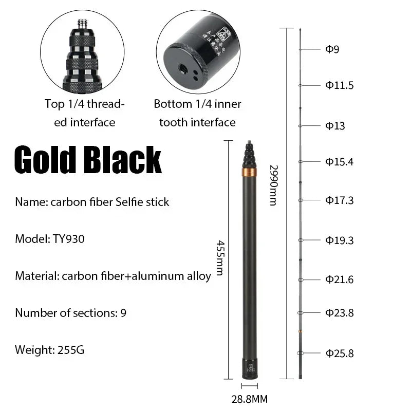 Carbon Fiber Invisible Extended Edition Selfie Stick for Insta360 X3 GO3 Action 4 Accessories 300CM for DJI GoPro Selfie Stick - covers4phones