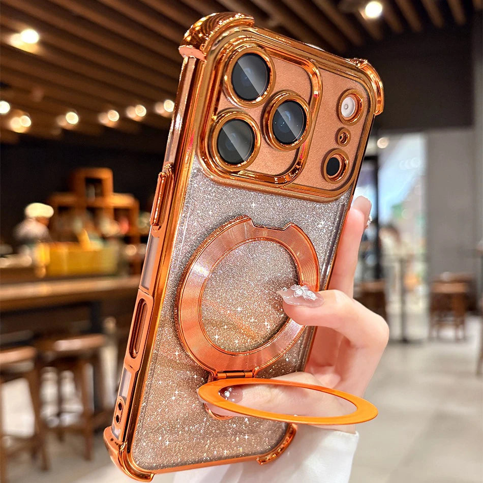 for Magsafe Glitter Bracket Plating Case for iPhone 17 16 15 Pro Max 14 Plus 11 12 13 Air Ring Holder Bling Airbag Bumper Cover