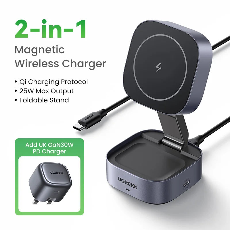 UGREEN Qi2 25W Magnetic Wireless Charger Stand 2-in-1 Charging Stand For iPhone 15 16 Pro Max/AirPods For MagSafe Fast Charger - covers4phones