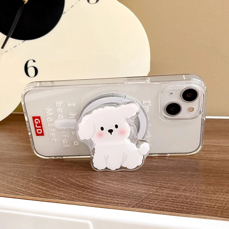 Korea Cute White Dog For Magsafe Magnetic Phone Grip Tok Griptok Stand For iPhone 15 Foldable Wireless Charging Case Holder Ring