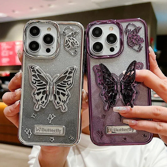 Butterfly Stand Plating Phone Cases For IPhone 16 15 Pro Max 14 13 12 11 Gradient Glitter Protect Shockproof Back Cover