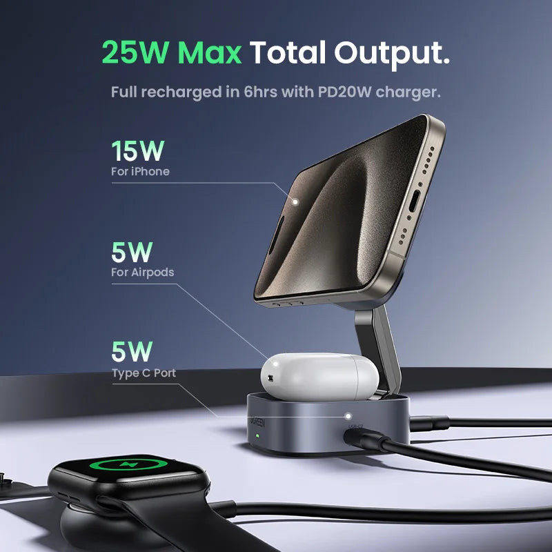 UGREEN Qi2 25W Magnetic Wireless Charger Stand 2-in-1 Charging Stand For iPhone 15 16 Pro Max/AirPods For MagSafe Fast Charger - covers4phones
