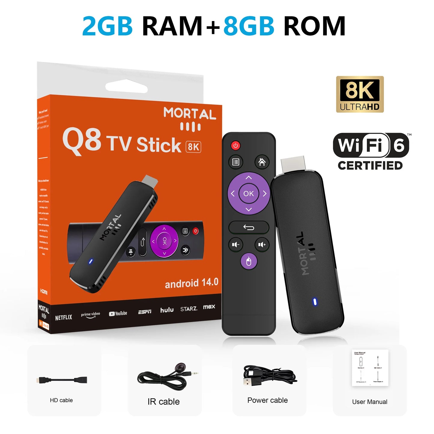 Mortal Q8 Android14 TV stick WIFI6 Voice Control TV stick  8K video Allwinner H313 Netflix YouTube Tv box Free Live TV Streaming
