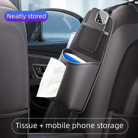 Car Seat Side Storage Bag Hanging Auto Seat Organizer Tissue Holder Universal Mesh Storage Pocket for Phone Bottle