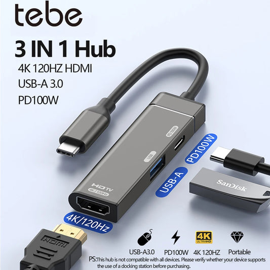 Tebe 3 IN 1 USB C Hub Type-c to 4K 120HZ HDMI-Compatible USB3.0 Data 100W PD Type-c Charging Adapter USB-C Docking Station