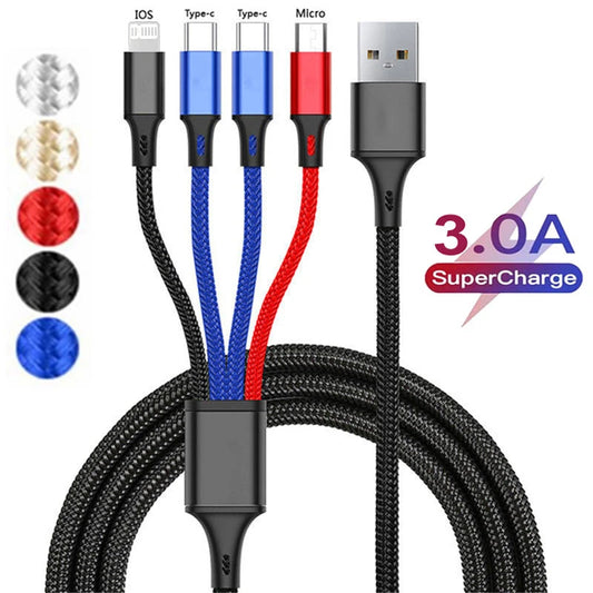 4 In 1/ 3 In 1 Micro USB Type C Fast Charging Cable 3A Quick Charge Phone Data Line Cord For Iphone 15 14 Xiaomi Huawei USB C - covers4phones