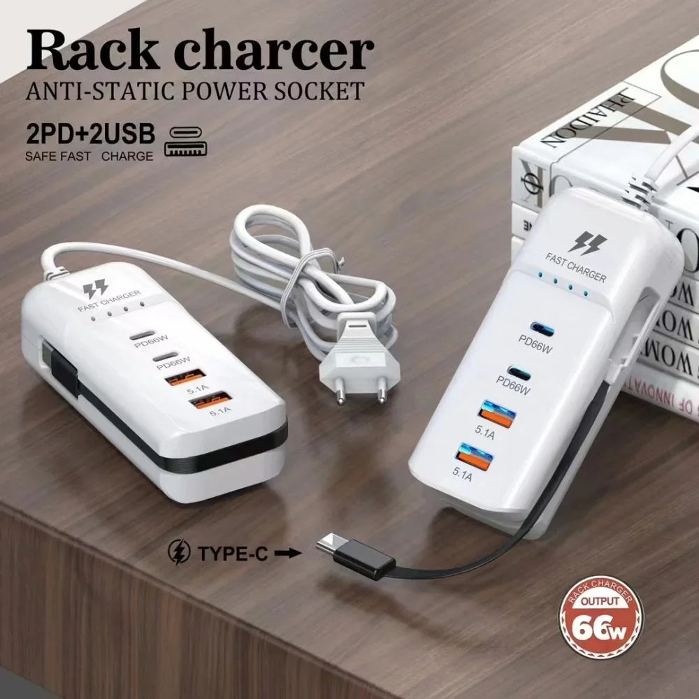 66W PD Fast Charging Wall USB Chargers USB Hub Adapter 4 Ports USB Type C EU US UK Plug Extension Type C Cable Socket Outlet