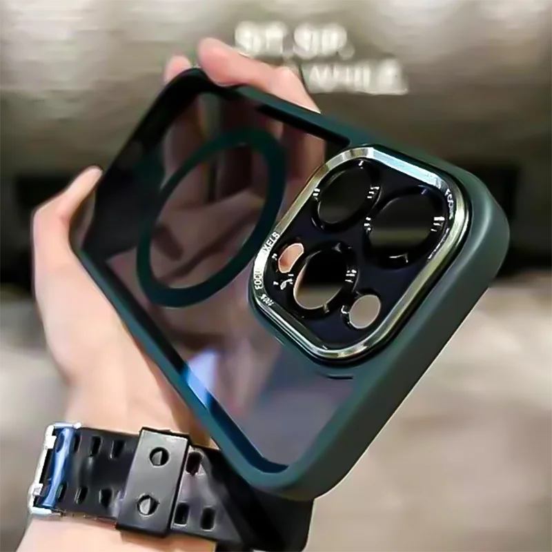 Transparent Metal Camera Bumper Case For iPhone 16 11 12 13 17 Pro Max 15 16 Plus 17 Air For Magsafe Magnetic Clear Phone Cover
