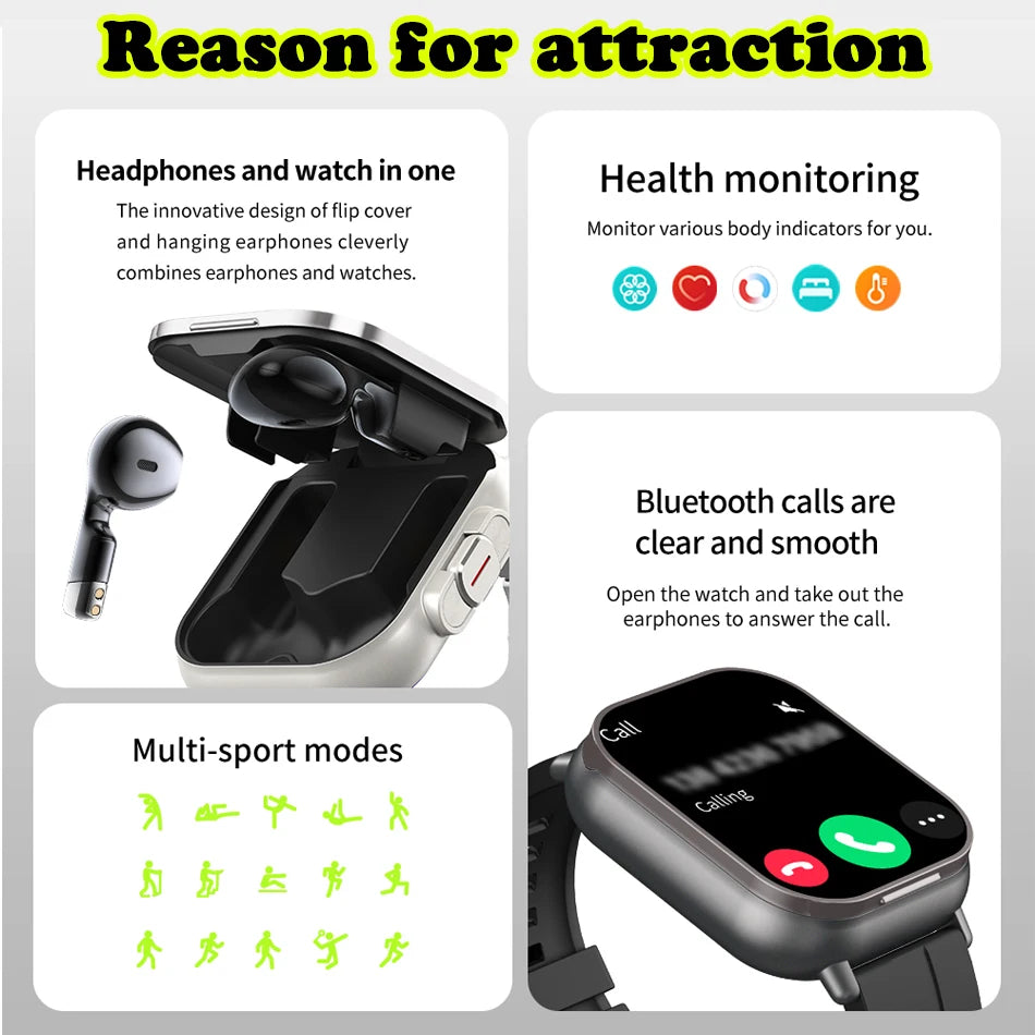 2024 Smart Watch 2 in 1 With Earphone Smartwatch Bluetooth Call Men Watch GPS Track Heart Rate Monitor Play Music SmartWatch - covers4phones