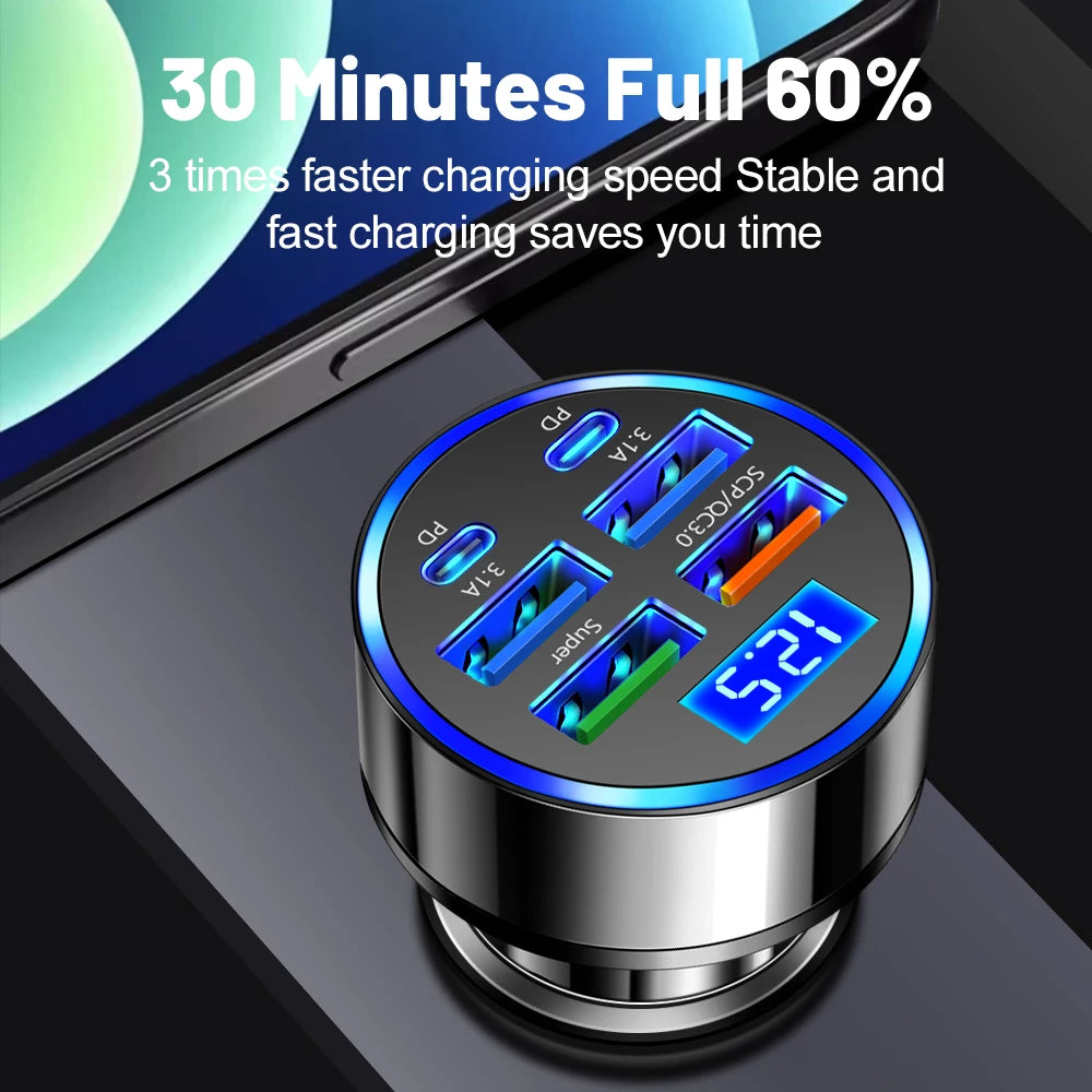 100W 6 Ports Car Charger Fast Charging PD QC3.0 USB C Car Phone Charger Type C Adapter in Car For iPhone Samsung Huawei Xiaomi - covers4phones