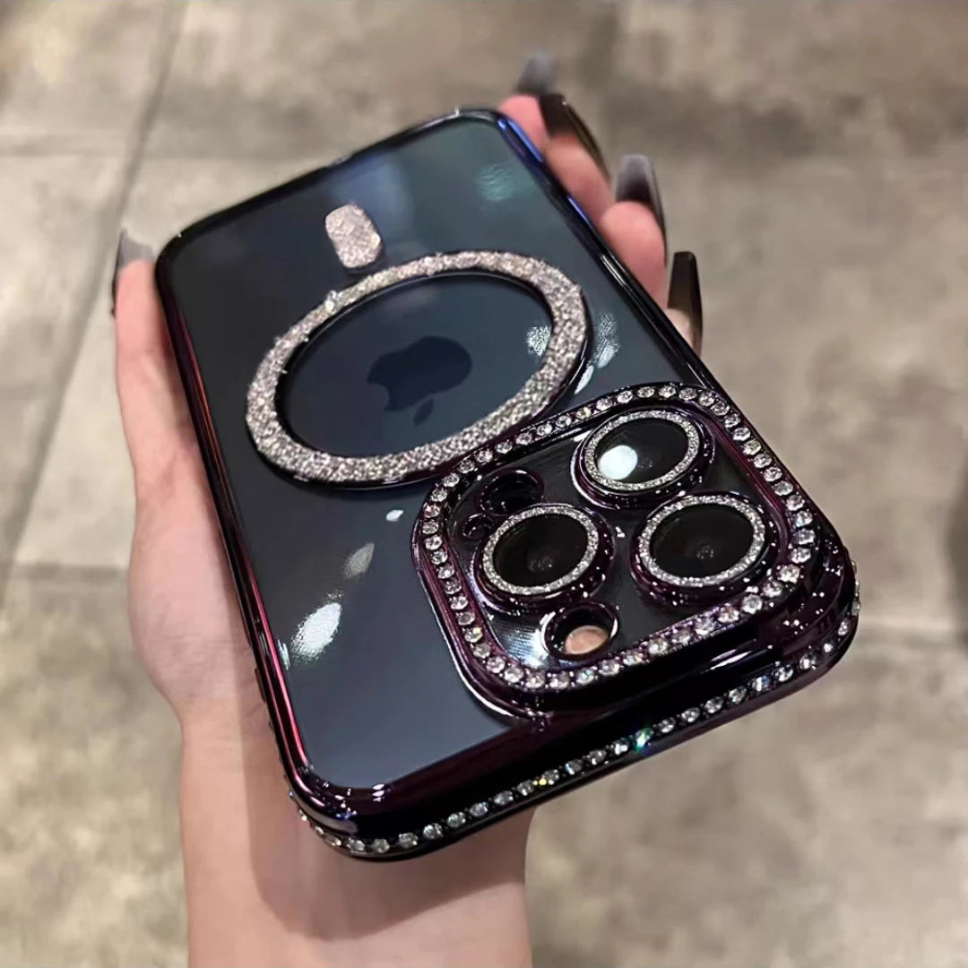 Bling Glitter Rhinestone Magnetic Wireless Charge Case for iPhone 16 15 14 13 12 11 Pro Max Plus Shockproof Pink Jewelled Cover - covers4phones
