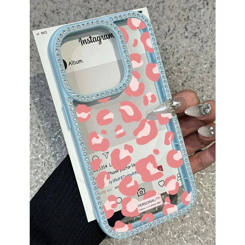 Pink Black Leopard Print Diamond Inlaid Frame Plain Case for iPhone 16 15 14 Plus 13 12 11 Pro Max Acrylic Silicone Hard Cover