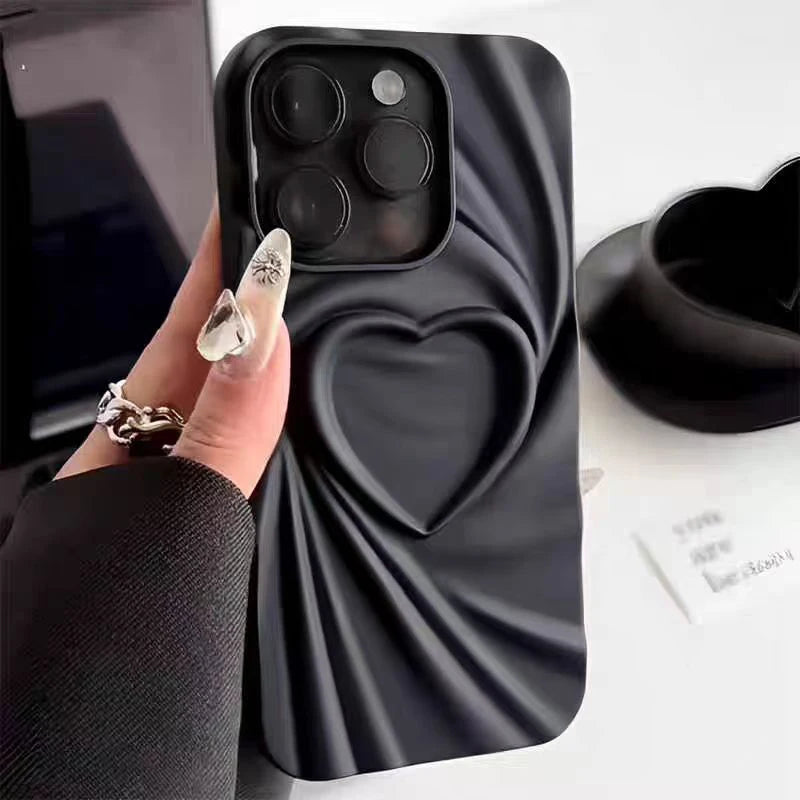 Fashion Fold Wrinkle 3D Love Heart Phone Case For iPhone 13 14 15 Pro Max 16 Plus 11 12 ProMax Soft Matte Silicone Full Cover - covers4phones