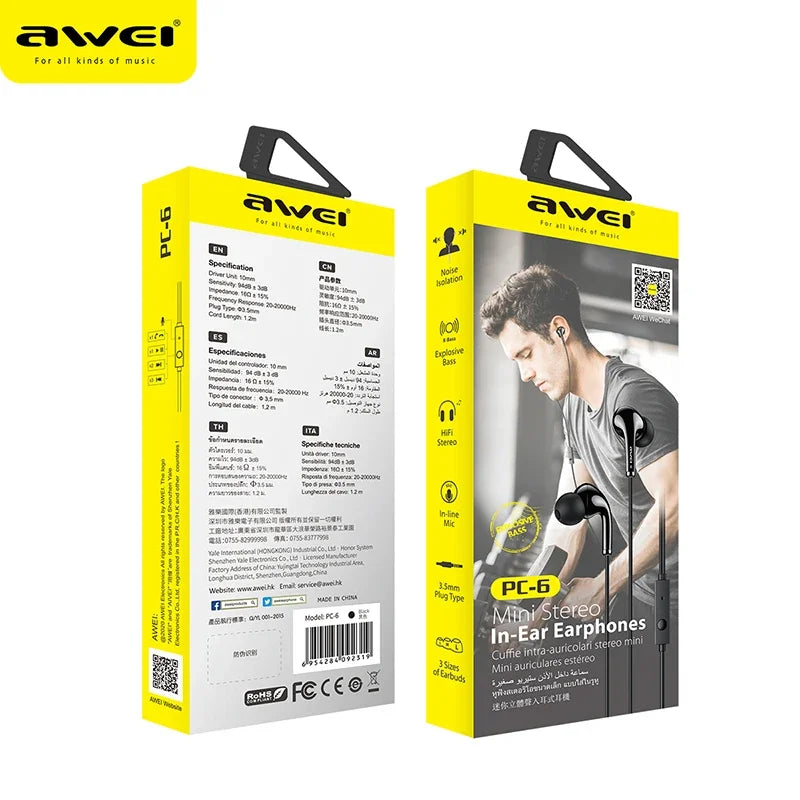 Awei  Wired Headphones In Ear Headset Wired Earphones with Mic Bass Stereo Earbuds Sports In-line Control For Phones