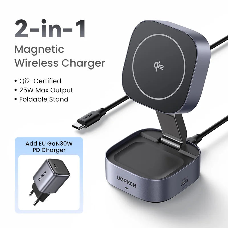 UGREEN Qi2 25W Magnetic Wireless Charger Stand 2-in-1 Charging Stand For iPhone 15 16 Pro Max/AirPods For MagSafe Fast Charger - covers4phones