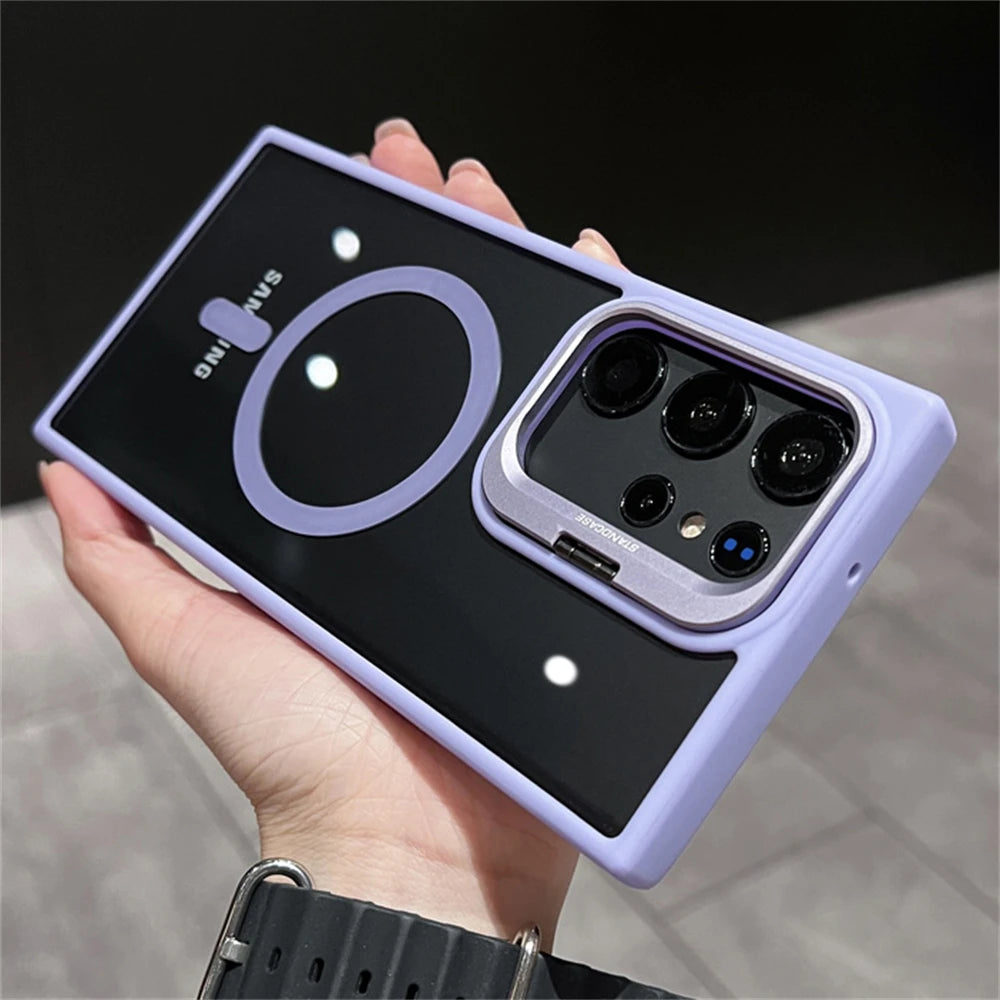Camera Bracket Magnetic Clear Case For Samsung S24 S25 Ultra S23 S22 Plus For Magsafe Wireless Charge Shockproof Bumper Cover - covers4phones