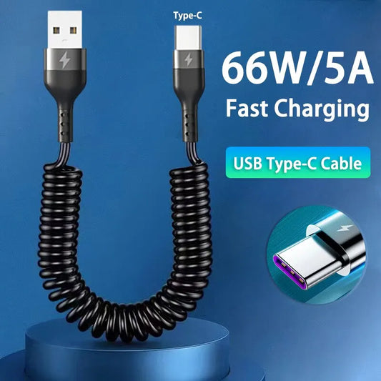 66W 5A Fast Charging Type C Cable Spring Telescopic Car Phone Charger USB Cable For Samsung Xiaomi Redmi USB C Cable - covers4phones