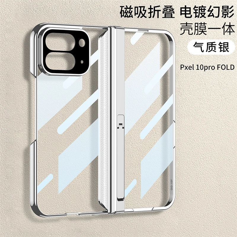Magnetic Hinge Holder Case for Google Pixel 10 Pro Fold Luxury Plating Clear Front Screen Glass Cover for Pixel 10 Pro Fold Case