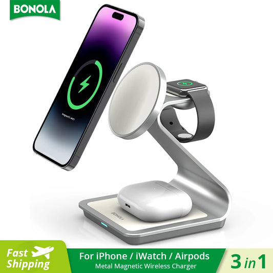 Bonola Magnetic 3 in 1 Wireless Charger for iPhone 16/15/13/14 Pro/12 30W Wireless Charging Station for Apple Watch/AirPods Pro