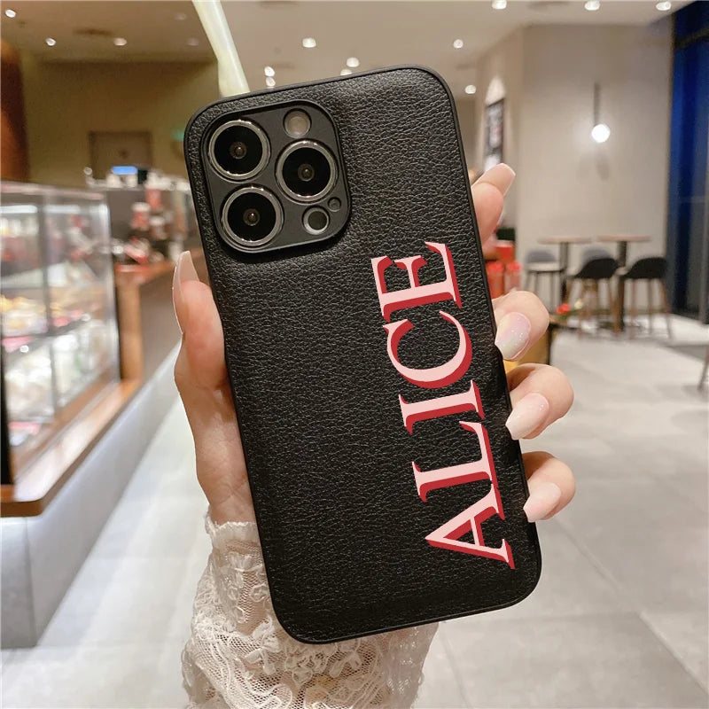 3D Colorful Personalised Name Case For iPhone 11 12 13 14 15 16 Pro Max XR XS MAX 7 8 Plus Luxury Korea Leather Customized Cover - covers4phones