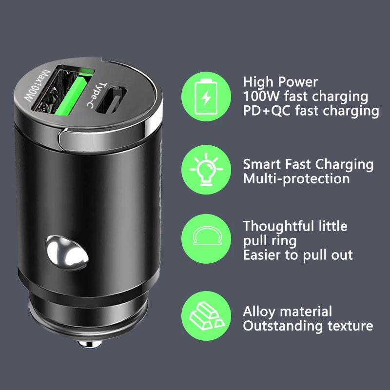 100W Mini Car Charger Lighter Fast Charging for iPhone QC3.0 Mini PD USB Type C Car Phone Charger for Xiaomi Samsung Huawei - covers4phones
