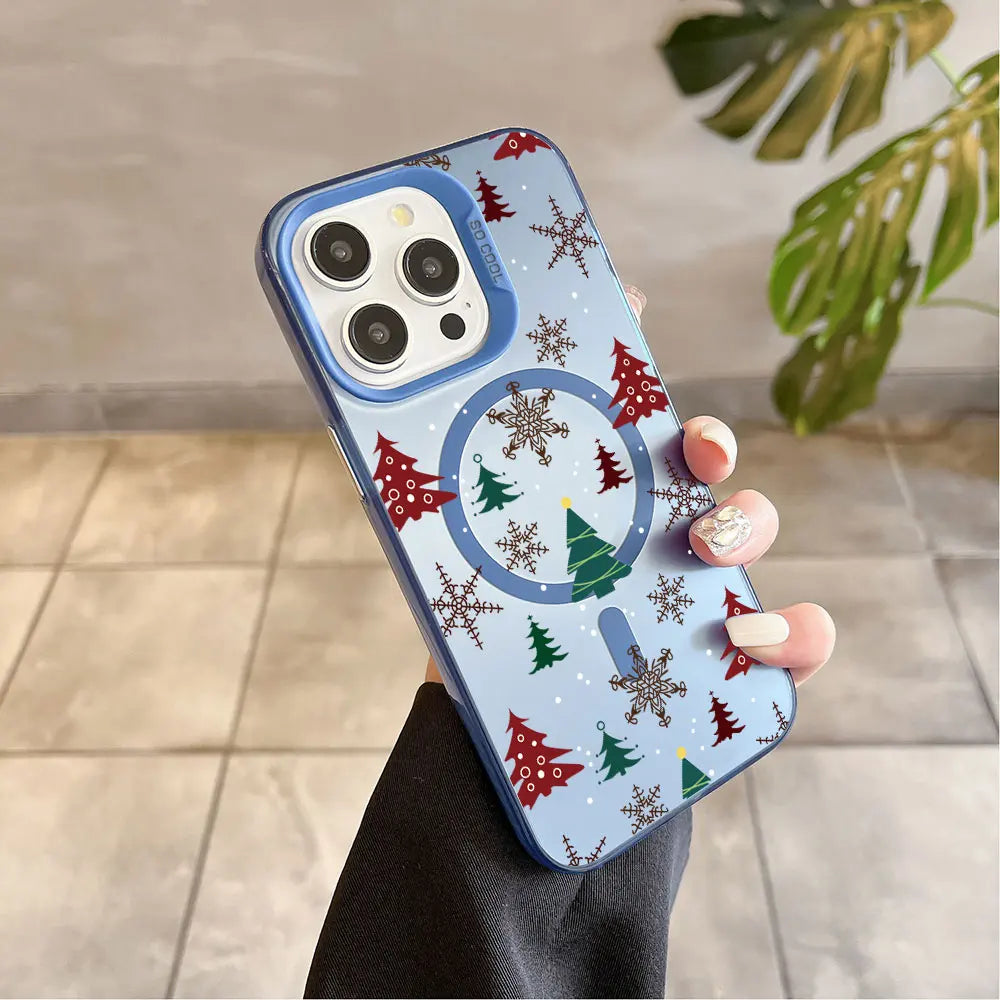 Christmas Pattern Magsafe Magnetic Case for iPhone 11 12 13 14 15 16 Pro Max Plus Soft Silver Plated Anti Fall Cover