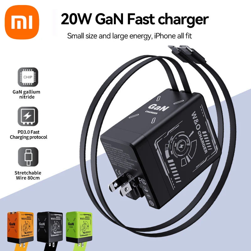 XIAOMI GaN Charger Compatible with 120W Fast Charger Retractable Type-C lightning Cable Portable Adapter For iPhone iPad Samsung