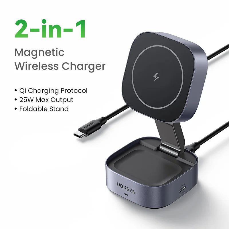 UGREEN Qi2 25W Magnetic Wireless Charger Stand 2-in-1 Charging Stand For iPhone 15 16 Pro Max/AirPods For MagSafe Fast Charger - covers4phones