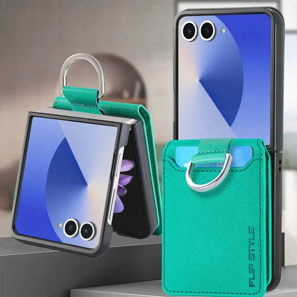 Samsung Galaxy Z Flip Wallet Phone Case - Lychee Pattern Leather with Ring Card Holder for Z Flip 7/6/5/4/3/2/1 Flip7/Flip6/Flip