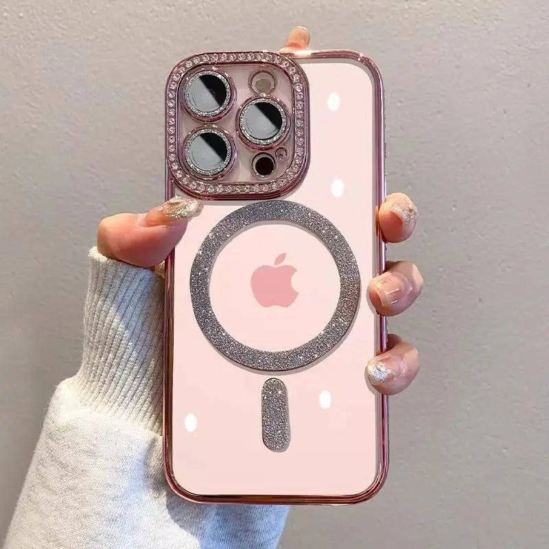 Bling Glitter Rhinestone Magnetic Wireless Charge Case for iPhone 16 15 14 13 12 11 Pro Max Plus Shockproof Pink Jewelled Cover - covers4phones