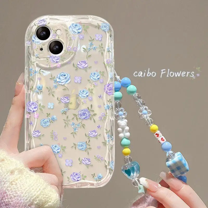 Phone Case For iPhone 16 15 Pro Max 14 11 13 12 Mini XR 8 7 Plus X XS SE 2020 2022 Back Cover Flower Bracelet Wrist Chain Strap