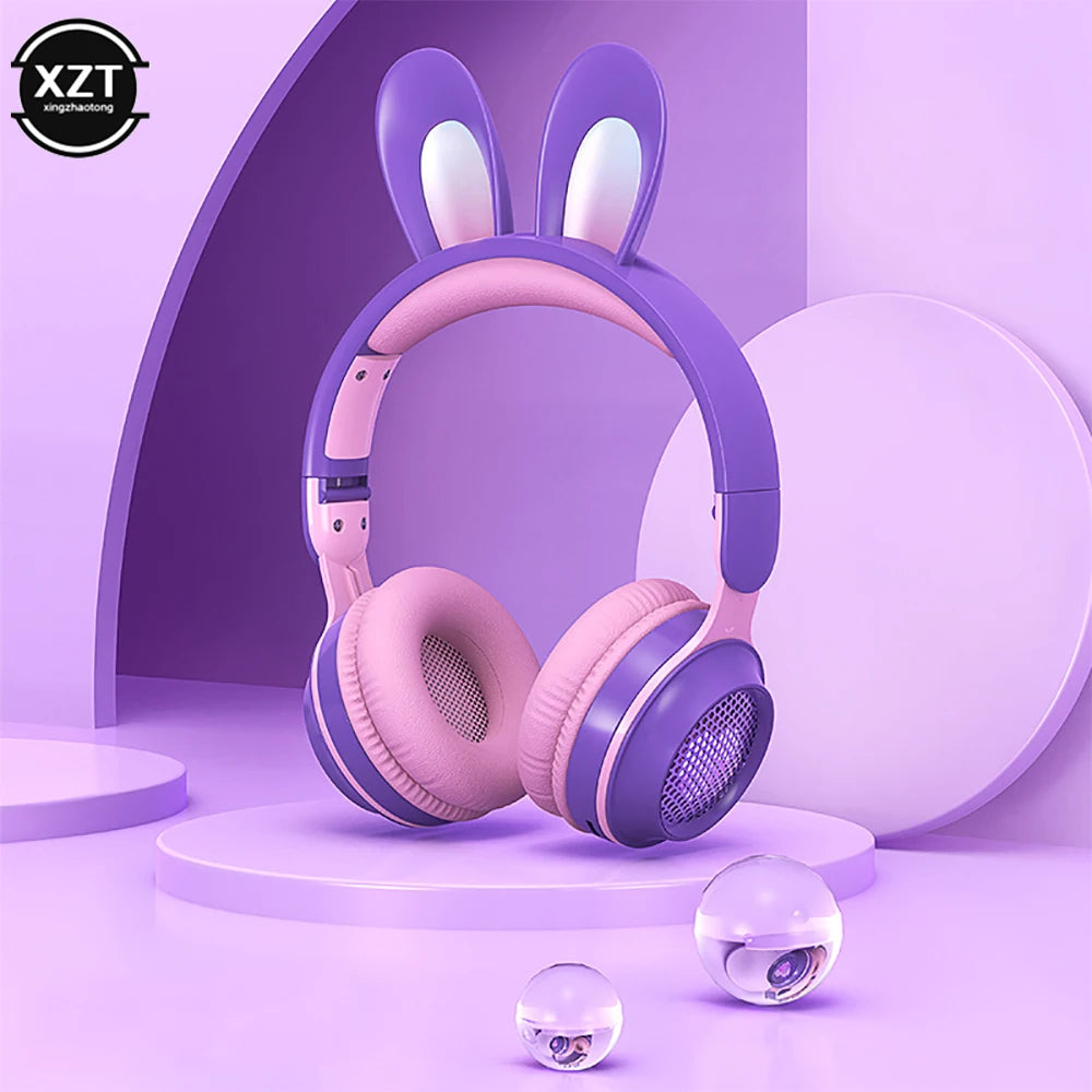 Cute Cartoon Rabbit Ear Wireless headphones with Microphone Stereo Music Bluetooth Earphones with LED Light Game Headset fone - covers4phones