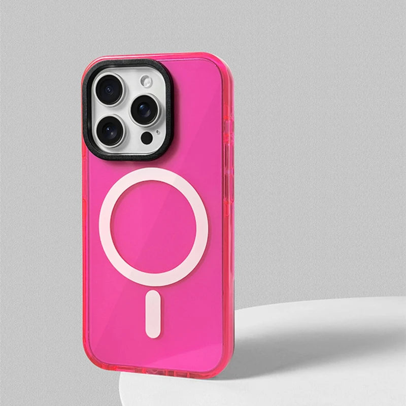 Transparent Neon Color MagSafe Phone Case for iPhone 15 16 Pro Max 15pro 13 14 12 Wireless Charging Soft Silicone Bumper Cover - covers4phones