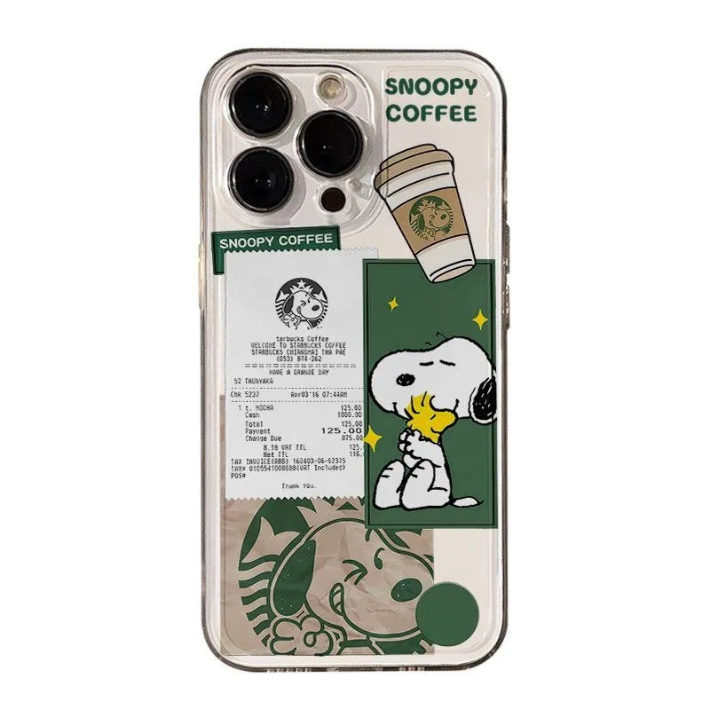 Funny Cartoon Cute Snoopy coffee Clear TPU Phone Case For iPhone 11 12 13 14 15 16 Pro Max 16 Plus Lovely Snoopy Anti-Fall Cover