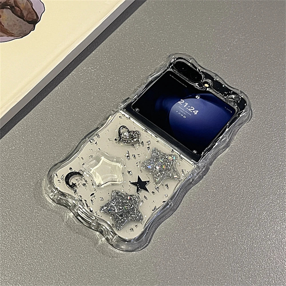 Korean 3D Glitter Star Clear Phone Case For Samsung Galaxy Flip 7/6 Flip5 Flip4 Flip3 Epoxy Cover Wavy Border Protective Cover